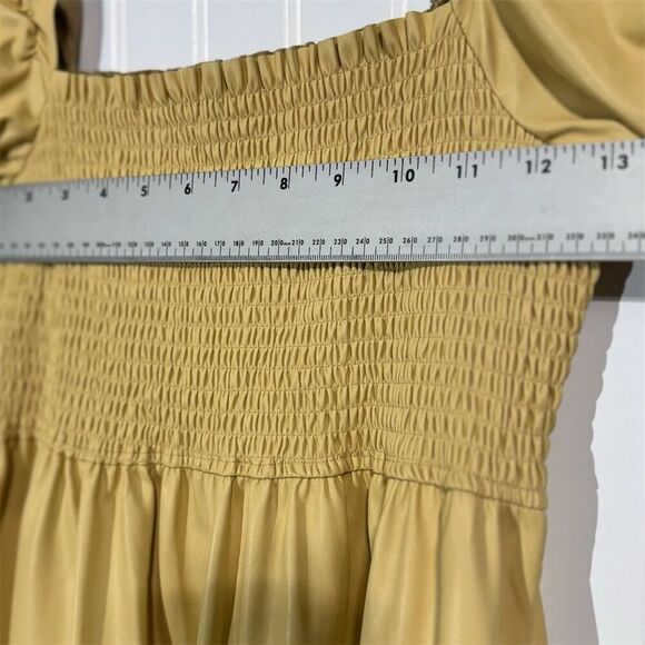 7 For All Mankind Faux Leather Puff Sleeve‎ Dress S Yellow Smocked Bodice NWT - Picture 4 of 10